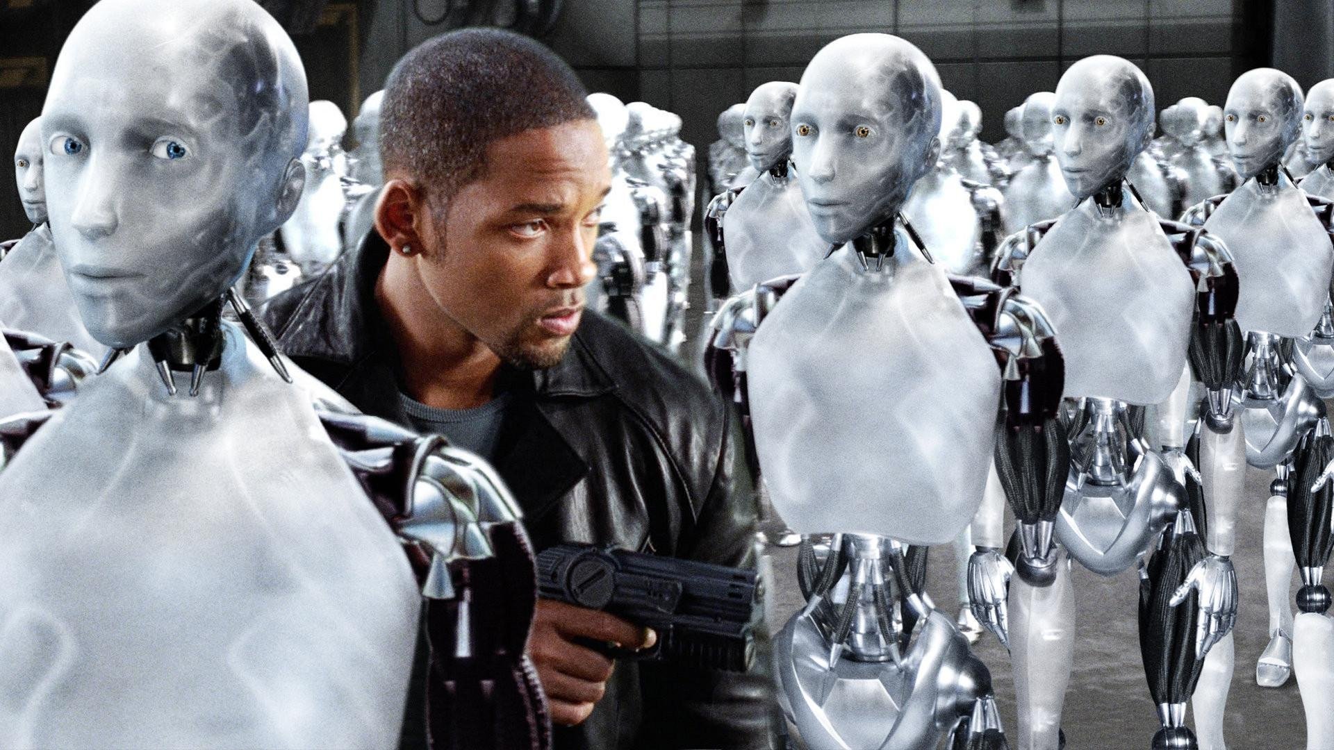A dramatic sci-fi film still aesthetic, a humanoid robot with metallic sheen standing beside a scientist figure in a dimly lit laboratory, blue and silver tones, sparks and circuitry in the background, tense and futuristic atmosphere